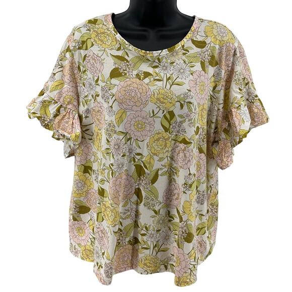 Who What Wear Blouse WMNS XL Yellow Pink Floral Ruffled Short Sleeve Round Neck - Picture 1 of 7